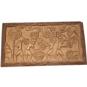 Vintage African Tribal Art Carved Hardwood Panel Story Board Wall Art 20"X"10.5"